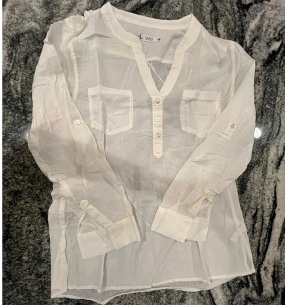 Carve Designs Tunic Top Women Medium White Organic Cotton Roll Tab Sleeve Henley